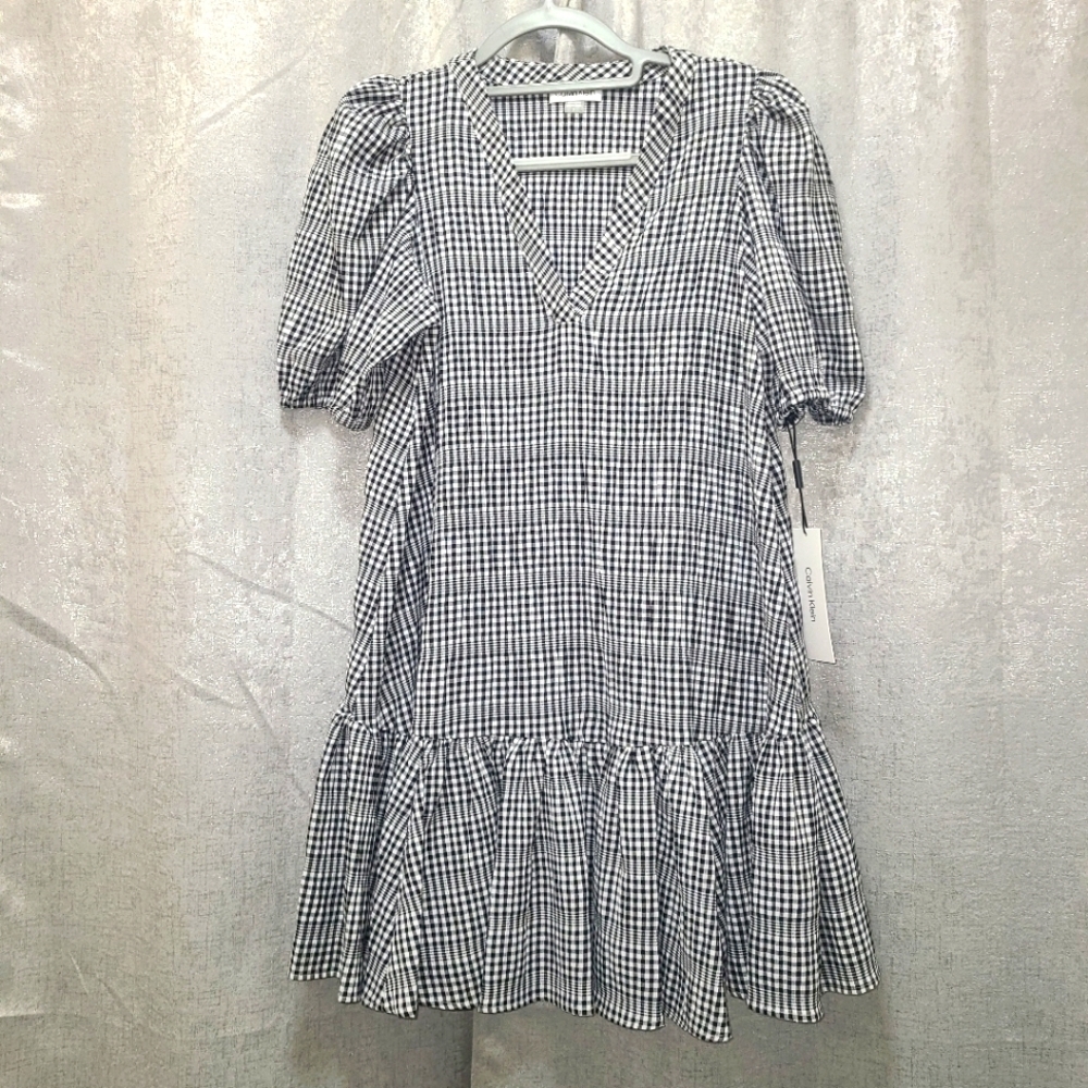 Calvin Klein Gingham Print Gauze Dress with‎ Puff sleeves NEW Size 2 - Picture 3 of 16